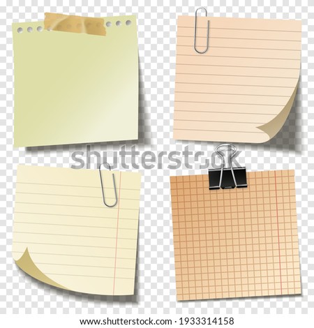 Blank sticky notes with clip binder and adhesive tape on transparent background. Colorful sheets of note papers. Paper reminder. Vector illustration.