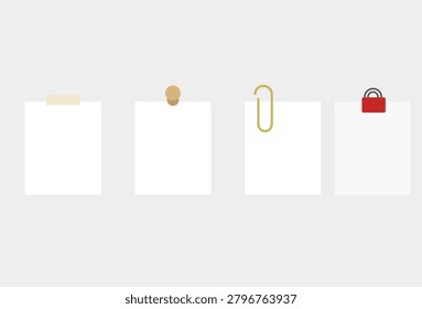 blank sticky notes with clips and pins on white background for office memo and reminder concept design