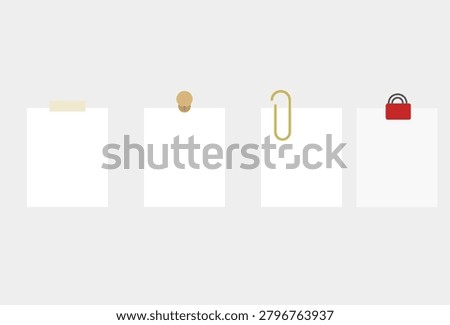 blank sticky notes with clips and pins on white background for office memo and reminder concept design