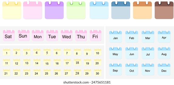 Blank Sticky Notes, Paper on Stickers, Memo Pad Stickers, Notebook Sheet, with Paper Clip and Tape, Meeting Reminder, calendar , To Do List Colourful Pastel Vector Illustration Set