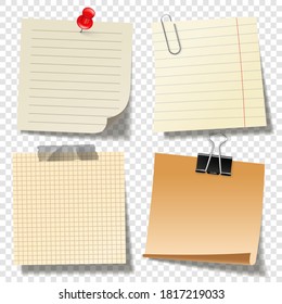 Blank sticky notes with red push pin, clip binder and adhesive tape. Sheets of note paper. Vector illustration.