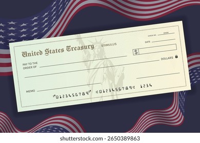 Cheque de estímulo en blanco sobre fondo de la bandera estadounidense. Concepto de programa de ayuda económica y Asistencia financiera