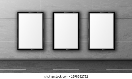 Blank Street Billboards On Tiled Wall. White Posters In Black Frame For Outdoor Advertising. Vector Realistic Mockup Of Empty Display Boards On City Road. Template Of 3d Promotion Banners