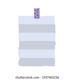 Papel de nota a rayas en blanco con cinta adhesiva aislada en fondo blanco, vector de doodle dibujado a mano 