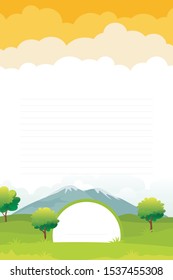 Blank Striped paper notes for writing messages, with a background illustration of natural scenery