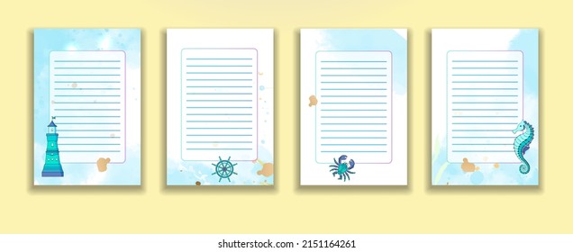 Blank striped paper notes for writing messages with nautical theme background illustration. Set for records. Shell and lighthouse, crab and seahorse.