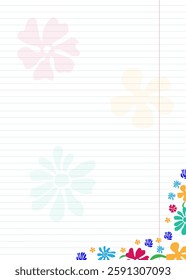 A blank striped sheet with hand-drawn colorful silhouettes of flowers. Hand drawn vector illustration of colored floral design elements, icons, shapes. Wild and garden flowers.