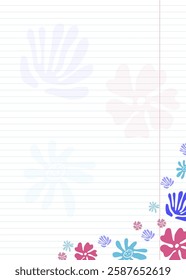 A blank striped sheet with hand-drawn silhouettes of flowers. Hand drawn vector illustration of colored floral design elements, icons, shapes. Wild and garden flowers.