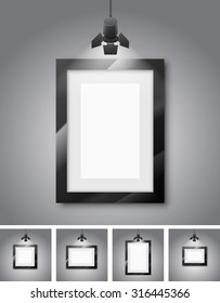 Blank studio wall and  picture under light lamp - set of realistic vector illustrations