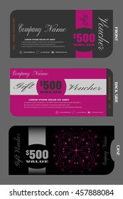 Blank of stylish gift voucher with case vector illustration to increase sales on dark gray and purple background.