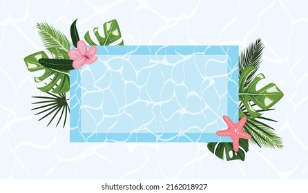 Blauer Sommer tropische Vorlage mit Wasser, tropische Blätter, Blume und Meerestern. 