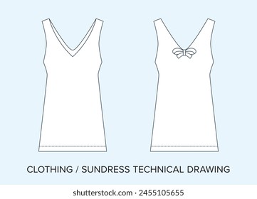 Blank Sundress Technical Drawing, Apparel Blueprint for Fashion Designers. Detailed Editable Vector Illustration, Black and White Women's Clothing Schematics, Isolated Background. 
