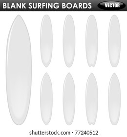 Blank surfing boards of different shapes isolated on white background.