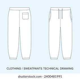 Dibujo técnico de Sweat Pants en blanco, huella azul para diseñadores de moda. Ilustración detallada de vectores editables, esquemas de ropa en blanco y negro, fondo aislado