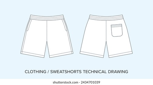 Blank Sweatshorts Technical Drawing, Apparel Blueprint for Fashion Designers. Detailed Editable Vector Illustration, Black and White Shorts Clothing Schematics, Isolated Background. 