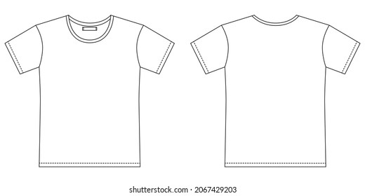 Blank t shirt outline sketch. Apparel t-shirt CAD design. Isolated technical fashion illustration. Mockup template. Front and back vector.