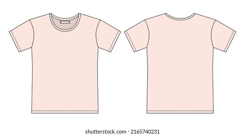 Blank t shirt outline sketch. Apparel t-shirt CAD design. Light pink color. Isolated technical fashion vector illustration. Mockup template. Front and back vector. Design for packaging, catalog.