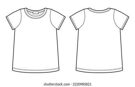 Blank t shirt technical sketch. Female T-shirt outline design template. Short sleeve tee mockup. Front and back. Casual style. CAD fashion vector illustration