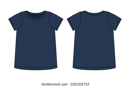 Blank t shirt technical sketch. Dark blue color. Female T-shirt outline design template. Short sleeve tee mockup. Front and back. Casual style. CAD fashion vector illustration