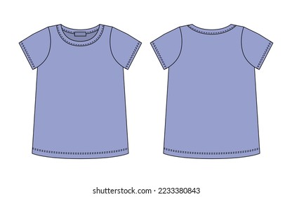 Blank t shirt technical sketch. Cool blue color. Female T-shirt outline design template. Short sleeve tee mockup. Front and back. Casual style. CAD fashion vector illustration