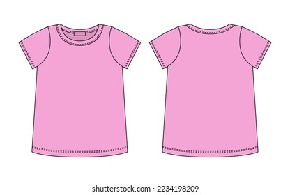 Blank t shirt technical sketch. Pink color. Female T-shirt outline design template. Short sleeve tee mockup. Front and back. Casual style. CAD fashion vector illustration