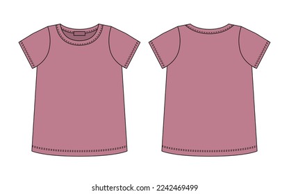 Blank t shirt technical sketch. Pudra color. Female T-shirt outline design template. Short sleeve tee mockup. Front and back. Casual style. CAD fashion vector illustration