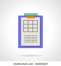 Blank table for science research results. Purple clipboard with paper. Report, paperwork. Flat color style vector icon. Element for web design, business, mobile app.