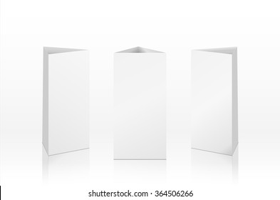 Blank Table Tent isolated on white background. Paper vertical triangle cards on white background with reflections. Front. left and right view. Vector illustration.