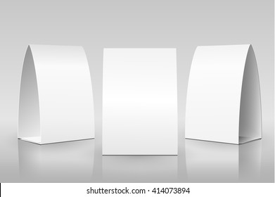 Blank Table Tent isolated on grey background. Paper vertical cards on white background with reflections. Front, left and right view. Vector illustration.