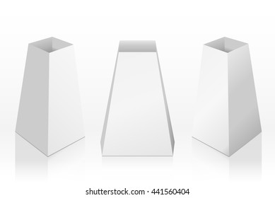 Tienda de mesa en blanco aislada sobre fondo blanco. Cuadros verticales de papel sobre fondo blanco con reflejos. Delantero. vista izquierda y derecha. Ilustración vectorial.