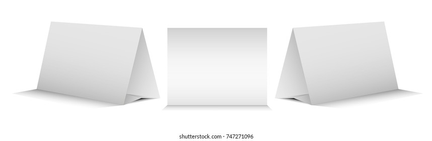 Blank Table Tent isolated on white background. Paper  cards on white background. Front, left and right view. Vector illustration.