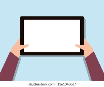 blank tablet hand toches screen, flat design isolated on blue background Vector illustration