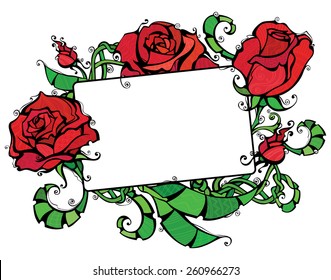 Blank tablet with roses. Illustration of roses and blank sign for your text. Isolated on white background for your Valentine's or wedding design. 