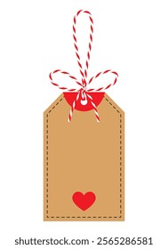 Blank tag, label with bow, ribbon, heart. Kraft paper background, for gift tied up with cotton red rope bakers twine. Packing string for decoration, present for Valentine's day. Isolated vector EPS10