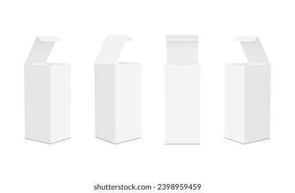 Blank Tall Cardboard Rectangular Packaging Boxes, Opened Lid Mockups, Isolated On White Background. Vector Illustration