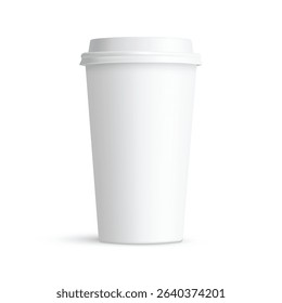 Blank Tall Coffee Cup Mockup With White Plastic Cap, Front View, Isolated On White Background. Vector Illustration