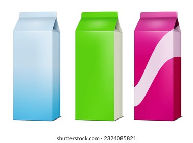 Blank tall gable top carton realistic mockup. Paperboard box for milk, juice or other food product mock-up. Color set. Easy editable vector illustration