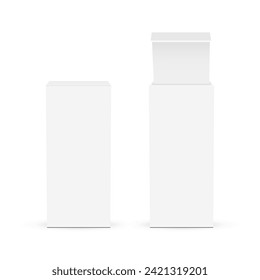 Blank Tall Paper Rectangular Packaging Boxes, Opened And Closed Lid, Front View, Isolated On White Background. Vector Illustration