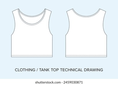 Blank Tank Top Technical Drawing, Apparel Blueprint for Fashion Designers. Detailed Editable Vector Illustration, Black and White Womens Clothing Schematics, Isolated Background