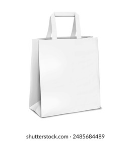 Blank tape handle paper carrier bag isolated on white background. Realistic 3d vector mockup. White square flat bottom package. Mockup. Template for design