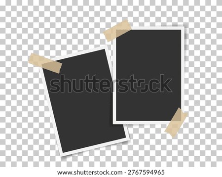 Blank taped Instant snapshot frame set. Two pictures on transparent background. Photo card with Scrapbook adhesive tape overlay. Retro photo placeholder. Party event vacation travel memory template