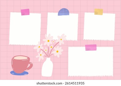 Blank taped memo notes on pink mood board, doodle illustration of coffee cup and flowers