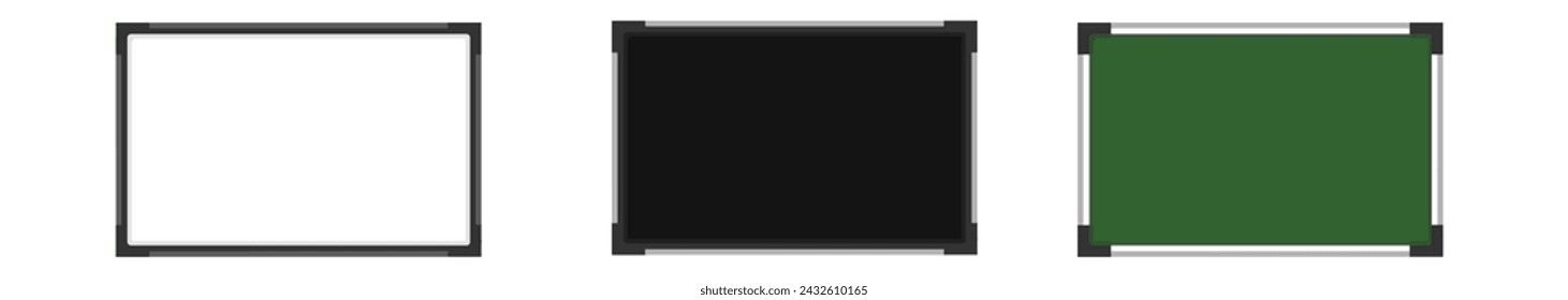 Blank teaching Board in different color namely black, green and white color board isolated on white color background 
