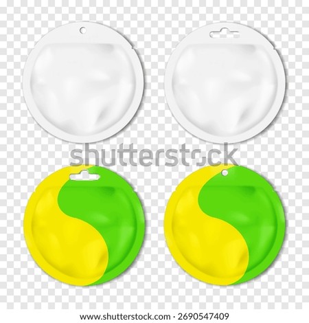 Blank tear notch circle sachet pouch with round and euro hole hanger. Vector mockup set. White, color design. Flat plastic bag package. Easy editable mock-up. Single serve, product sample. Template
