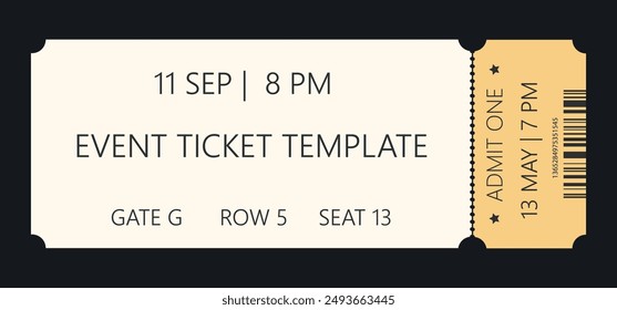 Leere Vorlage des Abreißtickets für Veranstaltungen. Vektorgrafik-Layout des Eintrittstickets für alle Veranstaltungen. Modernes Lineardesign. Editierbarer Strich