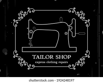 Blank, template for advertising a Tailor shop. Repair and sewing of clothes. Scissors cut through the fabric. Spool of thread. Men's, women's, children's clothing. Vector in retro silent movie style