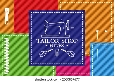 Blank, template for advertising a Tailor shop service. Repair and sewing of clothes. Cloth scraps, sewing machine, stitching. Vector, image of logo. Trendy concept in old retro style