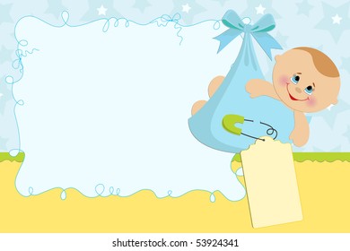 Blank template for baby's greetings card or photo frame in blue colors (EPS10)