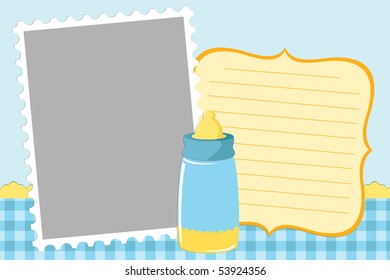 Blank template for baby's greetings card or photo frame in blue colors (EPS10)