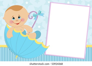 Blank template for baby's greetings card or photo frame in blue colors (EPS10)